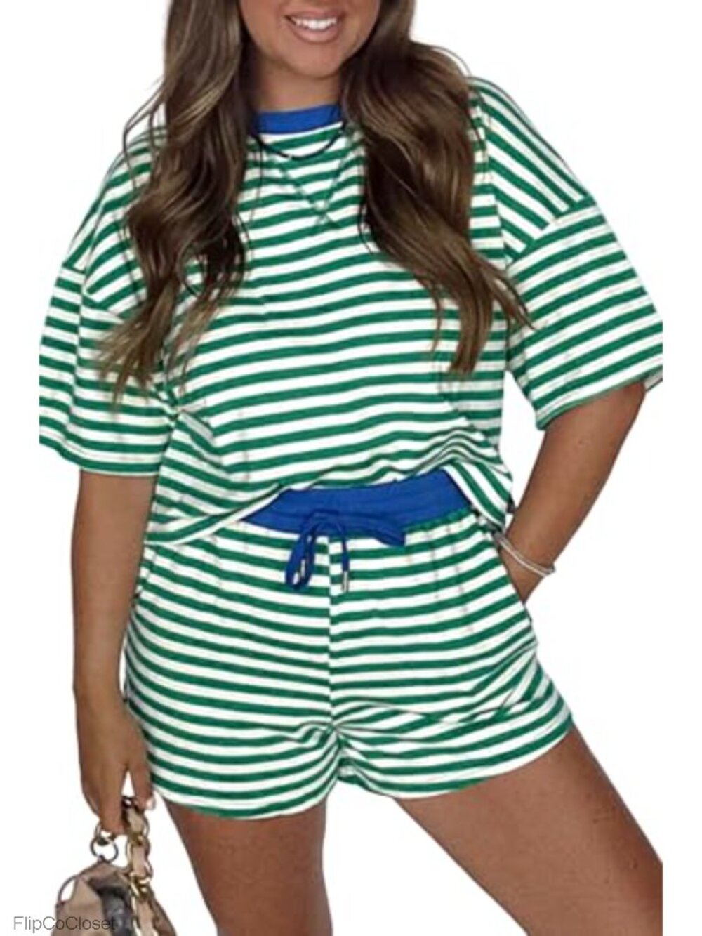 Womens 2 Piece Lounge Set Striped Short Sleeve Top & Shorts Cotton Spandex